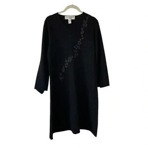 Jones New York Black Floral Knit Dress Size Small Vintage V-Neck Office Classic